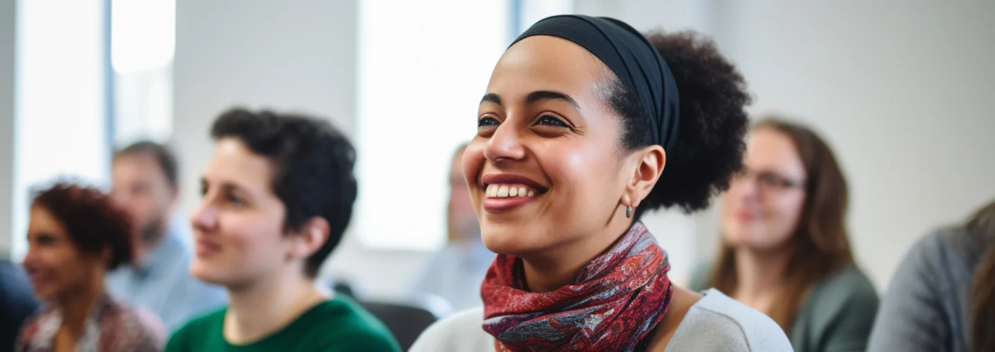Black women with headband smiling toward a presentation in a professional lecture-type setting.