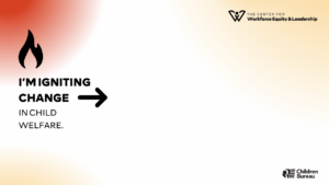 This zoom background is white with red and yellow circle gradients in the corners. It features a flame and a "right" arrow pointing to the center of the background. It includes text that says, "We see you. Change is igniting." Additionally, two logos on the right side of the graphic display "The Center for Workforce Equity & Leadership" and "Children's Bureau."