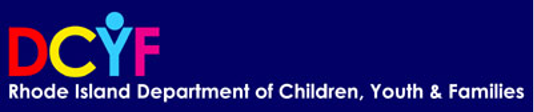 An image with text says "DCYF Rhode Island of Department of Children, Youth & Families." The image features a circle on top of the letter "Y," which symbolizes a person standing with their hands up in the shape of a "Y."