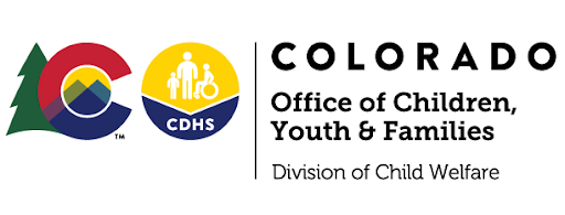 Image with text on the right that says "Colorado Office of Children, Youth & Families, Division of Child Welfare" along with the Colorado state emblem and CDHS logo centered to the left. 